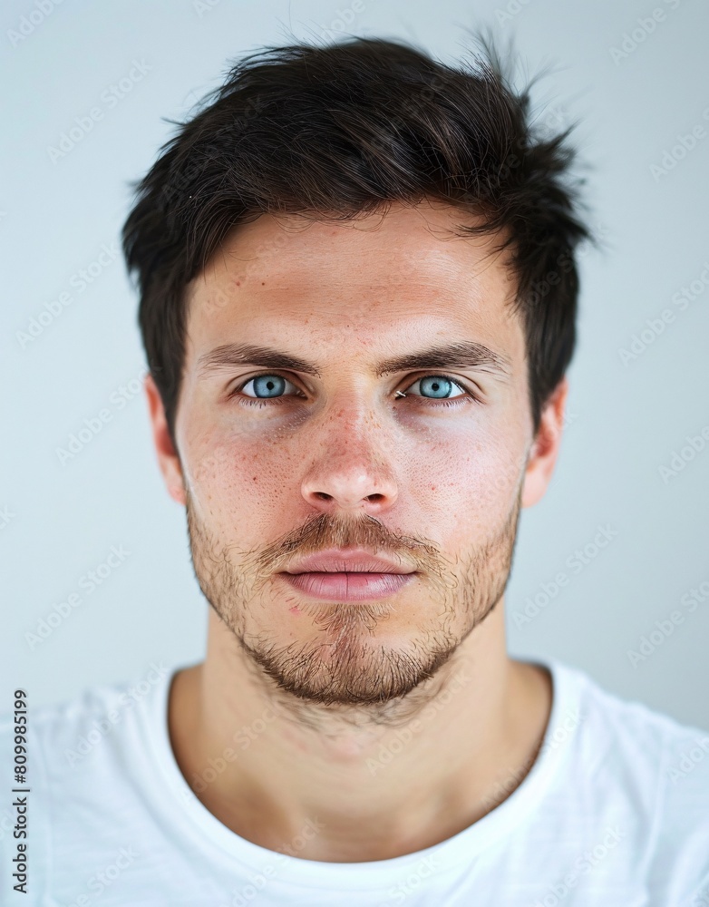 ID Photo for Passport : European adult man with straight short black hair and blue eyes, stubble, without glasses and wearing a white t-shirt ID Photo for Passport : European adult man with straight short black hair and blue eyes, stubble, without glasses and wearing a white t-shirt