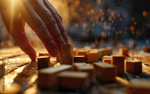 Hand stopping a domino effect among wooden blocks. photo