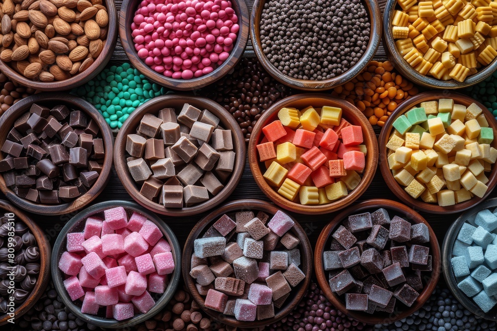 Variety of sweets and chocolates in terracotta bowls, a feast for eyes and a temptation for sweet tooth