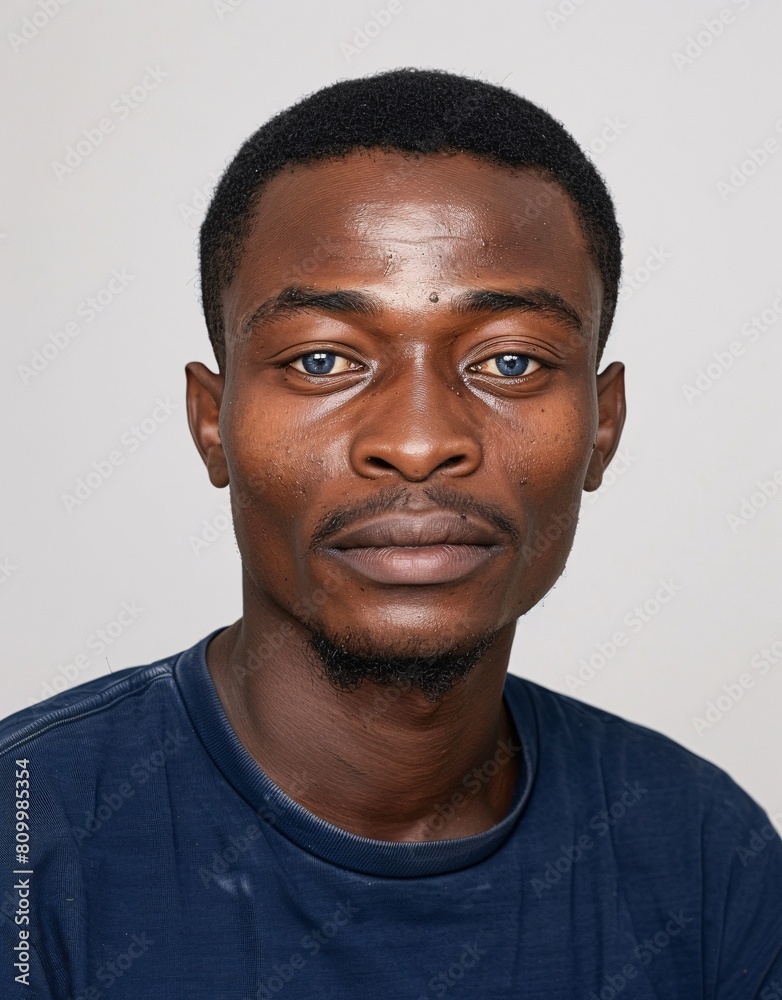 ID Photo for Passport : African young adult man with straight short black hair and blue eyes, thin mustache, without glasses and wearing a navy t-shirt ID Photo for Passport : African young adult man with straight short black hair and blue eyes, thin mustache, without glasses and wearing a navy t-shirt