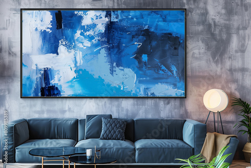 Sofa against grey wall with oil painting. Interior design of modern living room. Generative AI. © pomiti