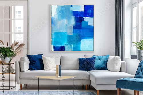 Sofa against grey wall with oil painting. Interior design of modern living room. Generative AI. © pomiti