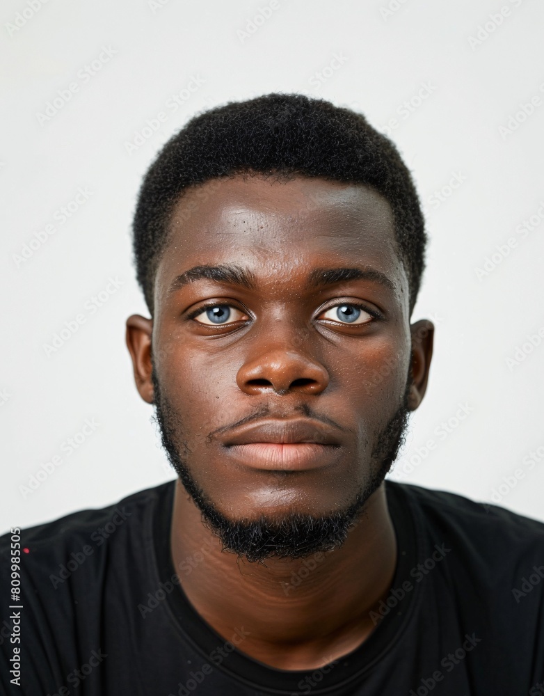 ID Photo for Passport : African young adult man with straight short black hair and blue eyes, medium beard, without glasses and wearing a black t-shirt
