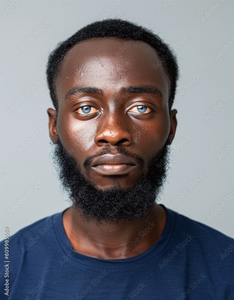 Obraz premium ID Photo for Passport : African young adult man with straight short black hair and blue eyes, long beard, without glasses and wearing a navy t-shirt