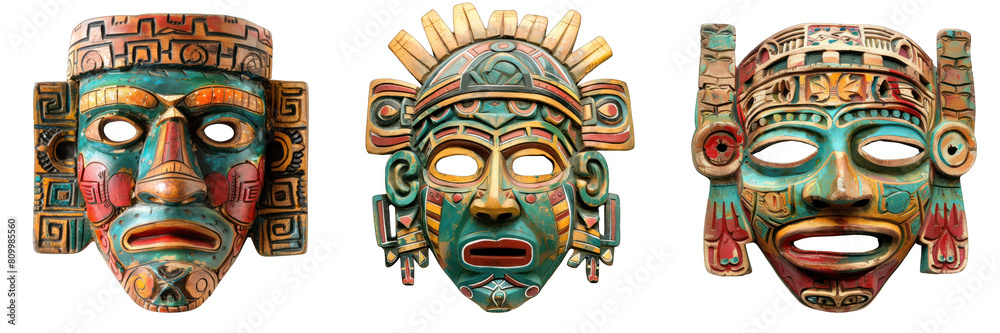 Collection of Aztec masks isolated on white or transparent background, masks for decoration Collection of Aztec masks isolated on white or transparent background, masks for decoration