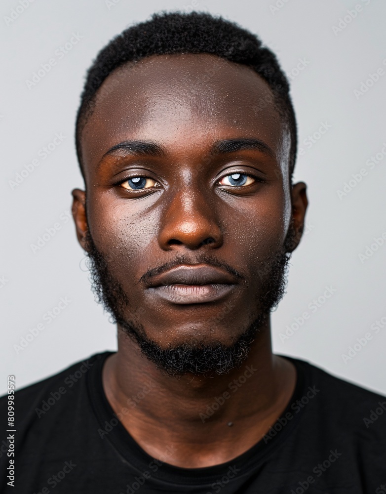 ID Photo for Passport : African young adult man with straight short black hair and blue eyes, short beard, without glasses and wearing a black t-shirt ID Photo for Passport : African young adult man with straight short black hair and blue eyes, short beard, without glasses and wearing a black t-shirt