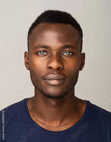ID Photo for Passport : African young adult man with straight short black hair and blue eyes, stubble, without glasses and wearing a navy t-shirt