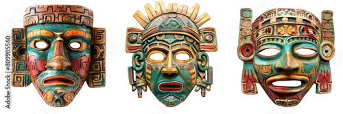 Collection of Aztec masks isolated on white or transparent background, masks for decoration