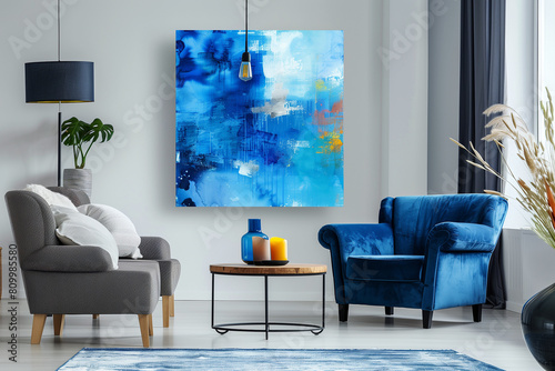 Sofa against grey wall with oil painting. Interior design of modern living room. Generative AI.