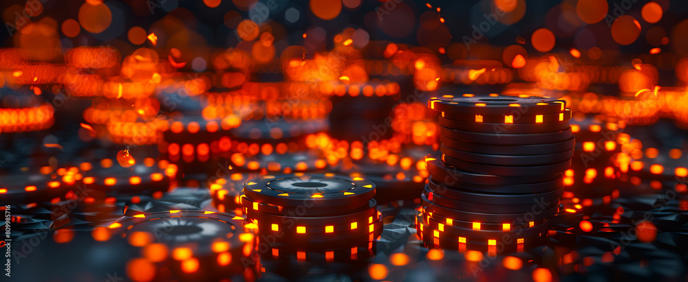 A pile of coins with lights on them.
