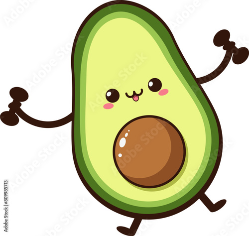 Funny cartoon avocado character doing exercises with dumbbells. Eating healthy and fitness concept illustration.