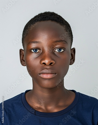 ID Photo for Passport : African teenager boy with straight short black hair and blue eyes, without glasses and wearing a navy t-shirt