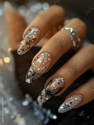 A woman s hand with glittery nails and a butterfly design.