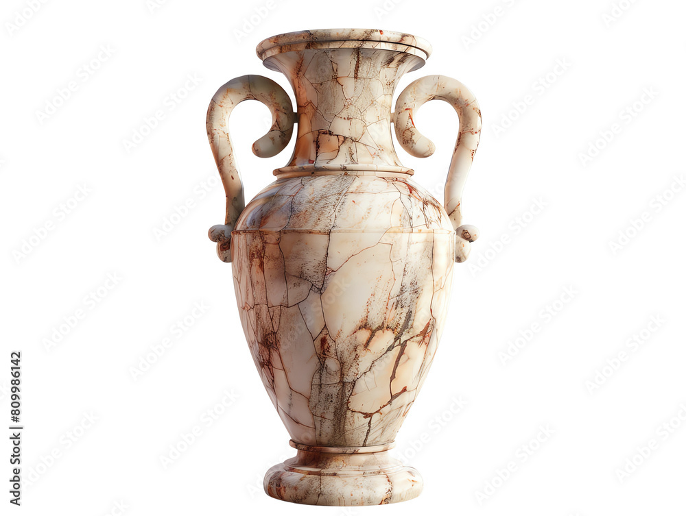 The image shows a tall, slender vase with two handles. The vase is made of white marble and has a smooth, polished surface. It is standing on a black background.