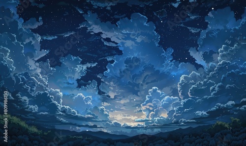 Illustration of a stormy night sky with towering cumulonimbus clouds