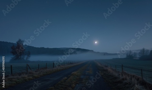 Night sky with low-lying fog and a sliver of moonlight
