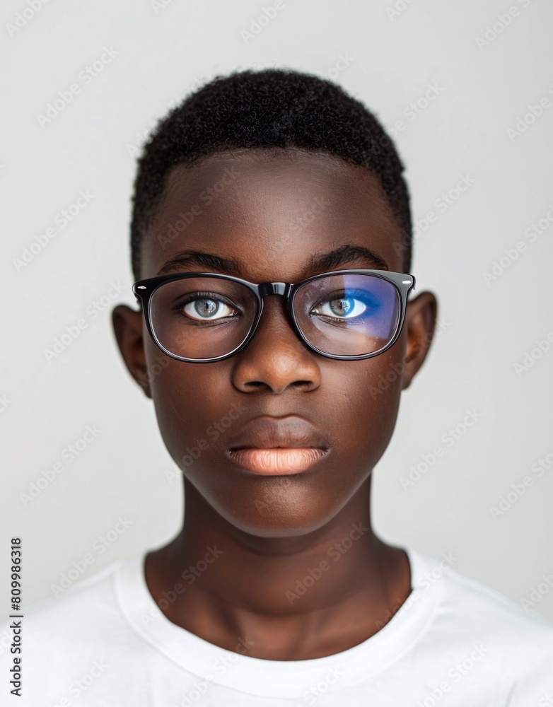 ID Photo for Passport : African teenager boy with straight short black hair and blue eyes, with glasses and wearing a white t-shirt ID Photo for Passport : African teenager boy with straight short black hair and blue eyes, with glasses and wearing a white t-shirt