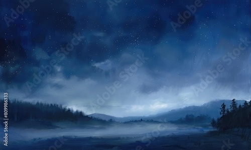 Painting of a foggy night sky with low-lying stratus clouds