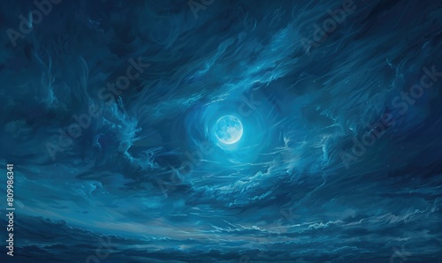 Painting of a moonlit night sky with wispy altostratus clouds photo