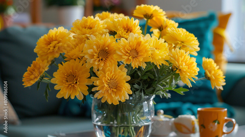 Serene ambiance captured in a close-up shot of yellow flowers gracefully arranged in a glass pot, adding a touch of tranquility to the room.