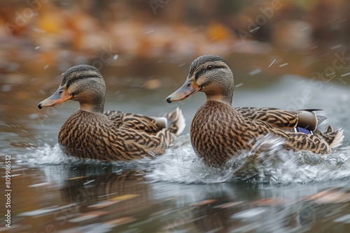 Two mallard ducks gracefully swim on the water with autumn foliage reflecting in the background