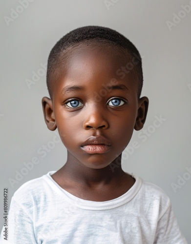 ID Photo for Passport : African child boy with straight short black hair and blue eyes, without glasses and wearing a white t-shirt