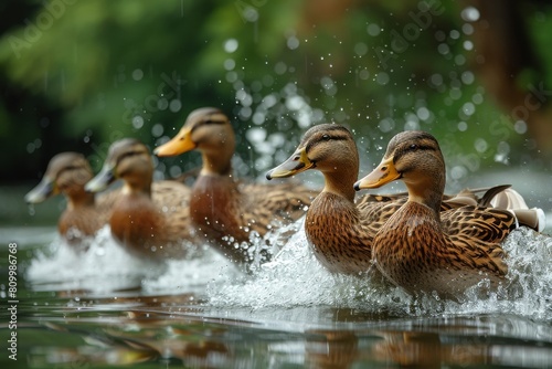 A lively group of ducks creates a dynamic scene as they swim energetically in a lush summer pond © Larisa AI