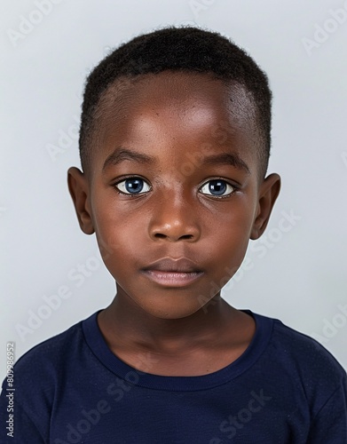 ID Photo for Passport : African child boy with straight short black hair and blue eyes, without glasses and wearing a navy t-shirt