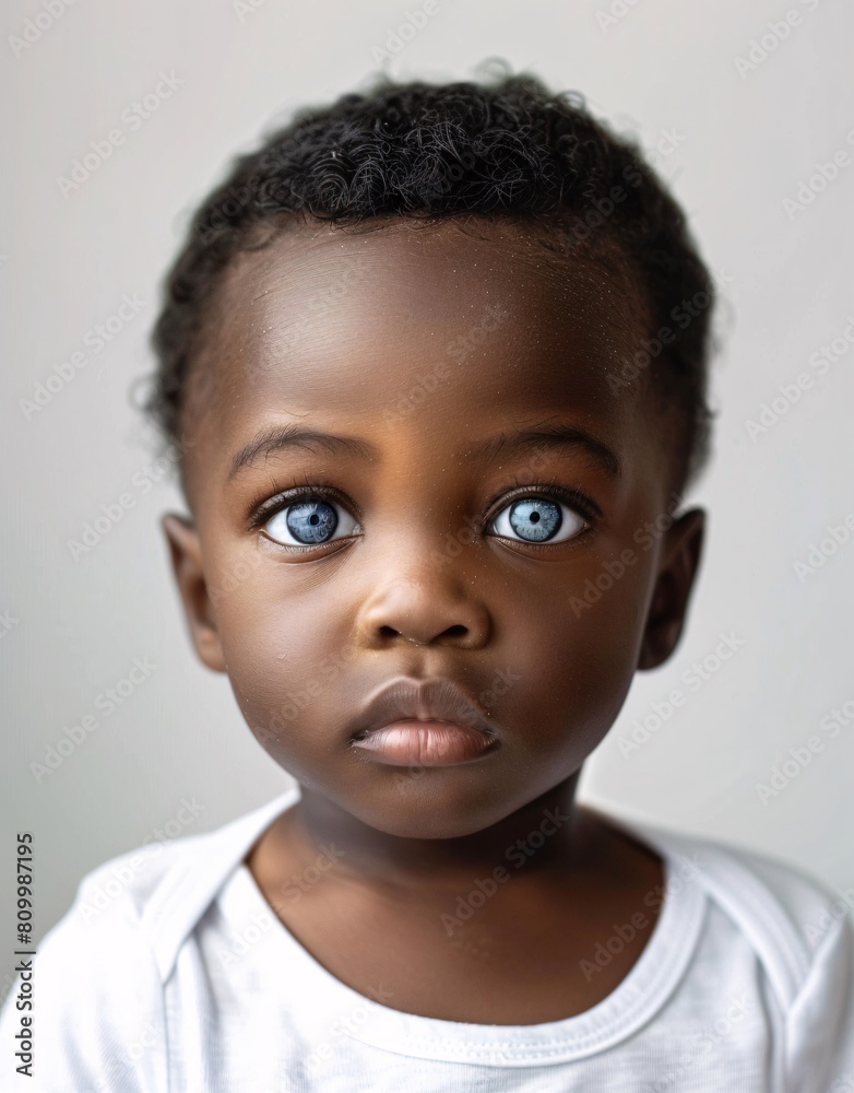 ID Photo for Passport : African baby boy with straight short black hair and blue eyes, without glasses and wearing a white t-shirt ID Photo for Passport : African baby boy with straight short black hair and blue eyes, without glasses and wearing a white t-shirt