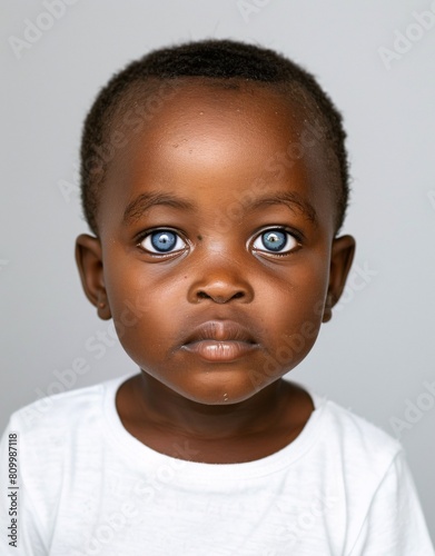 ID Photo for Passport : African baby boy with straight short black hair and blue eyes, without glasses and wearing a white t-shirt