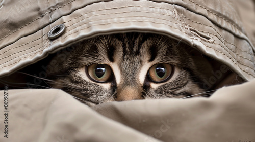 close up portrait of a cute cat hiding under human clothes