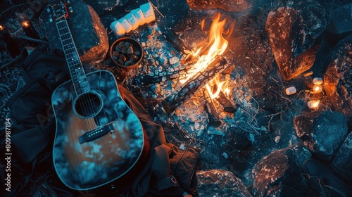 A Tartan guitar lies beside a blazing campfire, adding a touch of plaid pattern to the rustic setting. The warm glow of the fire creates a cozy atmosphere for recreational musicmaking AIG50 photo