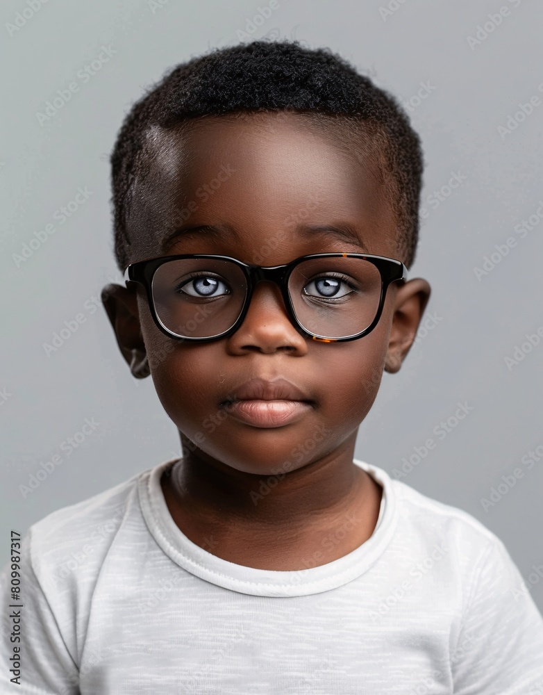 ID Photo for Passport : African baby boy with straight short black hair and blue eyes, with glasses and wearing a white t-shirt ID Photo for Passport : African baby boy with straight short black hair and blue eyes, with glasses and wearing a white t-shirt