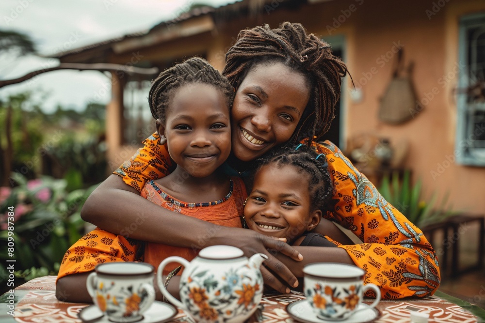 Joyful Family Portrait: Mother with Two Daughters in Traditional Outfits Smiling at Home
