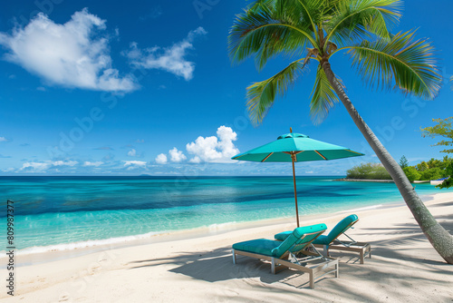 A stunning bright turquoise ocean and tranquil white sand beach