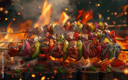 Juicy grilled skewers with peppers and onions on fiery background.