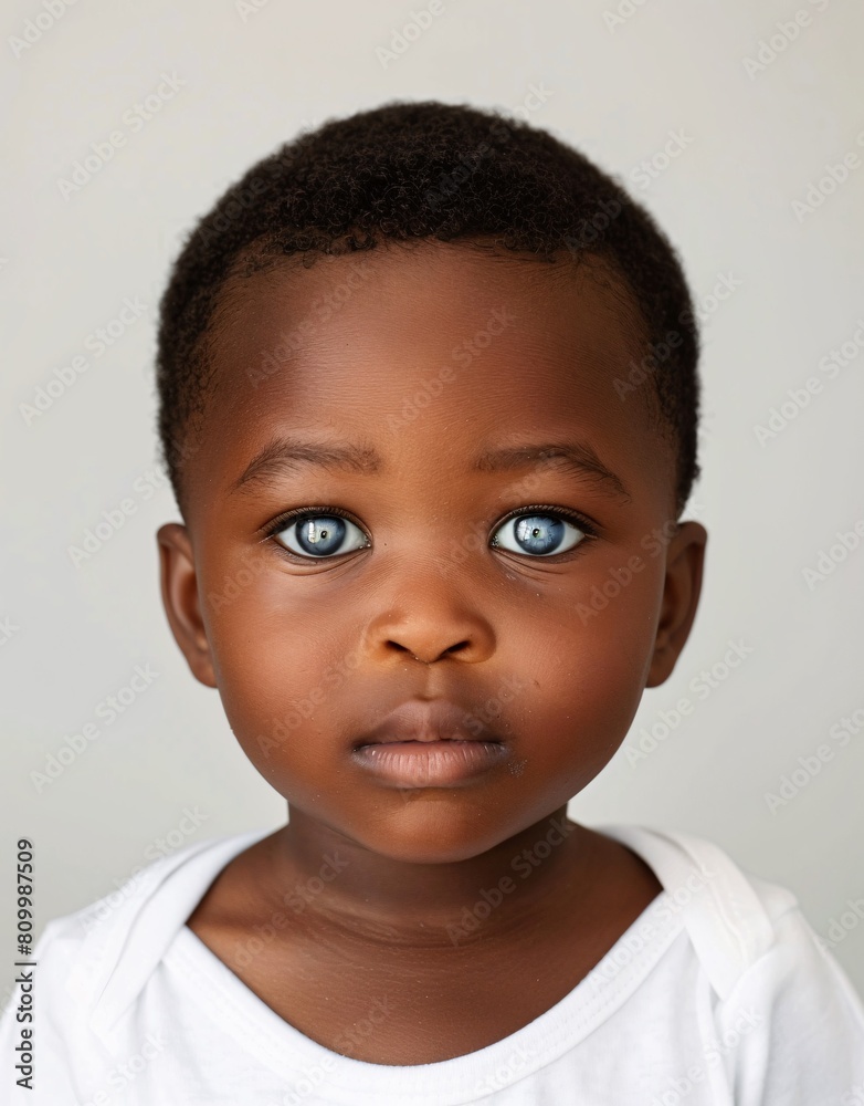 ID Photo for Passport : African baby boy with straight short black hair and blue eyes, without glasses and wearing a white t-shirt ID Photo for Passport : African baby boy with straight short black hair and blue eyes, without glasses and wearing a white t-shirt