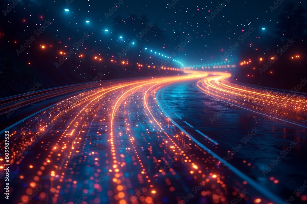 An enchanting night view of a highway with glowing lights illustrating a journey through a surreal, starry landscape