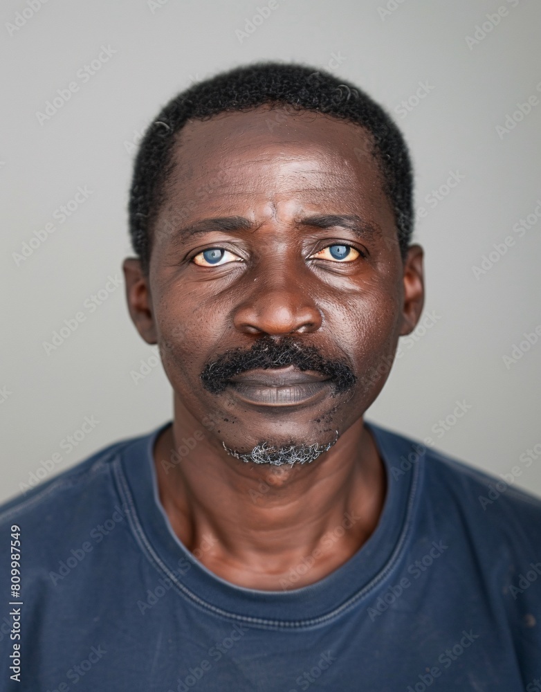 ID Photo for Passport : African adult man with straight short black hair and blue eyes, thick mustache, without glasses and wearing a navy t-shirt ID Photo for Passport : African adult man with straight short black hair and blue eyes, thick mustache, without glasses and wearing a navy t-shirt