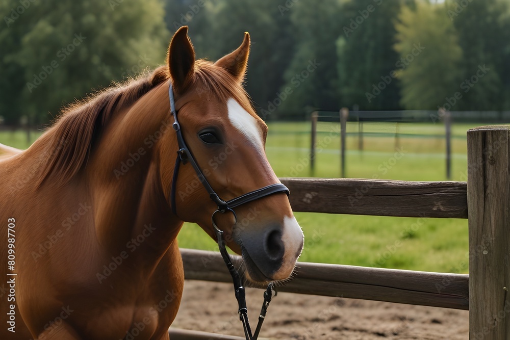 Fototapeta premium Two brown horses with bridles in a field and brown fence, closeup