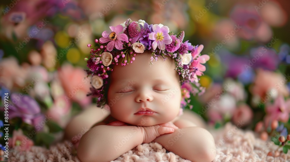 Serene newborn baby sleeps with hands under chin, adorned with a beautiful floral headband Serene newborn baby sleeps with hands under chin, adorned with a beautiful floral headband