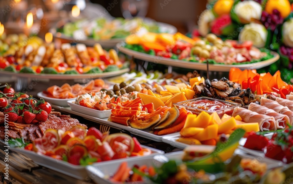 Lavish buffet spread featuring assorted gourmet appetizers.