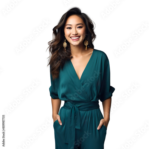 Front view mid shot of a beautiful Asian woman dressed in a deep teal jumpsuit with a belted waist, smiling on a white transparent background photo