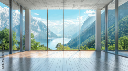 Panoramic window overlooking a mountain valley. Minimalist design