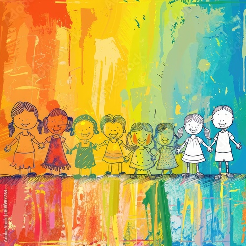 Children playing on a colored background. The children are holding hands. Children Protection Day.