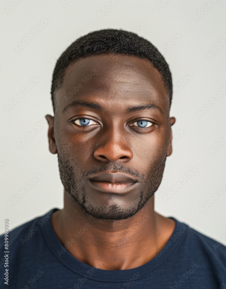 ID Photo for Passport : African adult man with straight short black hair and blue eyes, stubble, without glasses and wearing a navy t-shirt ID Photo for Passport : African adult man with straight short black hair and blue eyes, stubble, without glasses and wearing a navy t-shirt