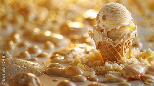 A melting ice cream cone with golden sprinkles and small