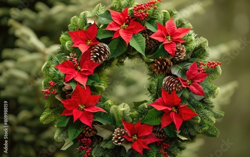 Lush Christmas wreath adorned with red poinsettias and pine cones.