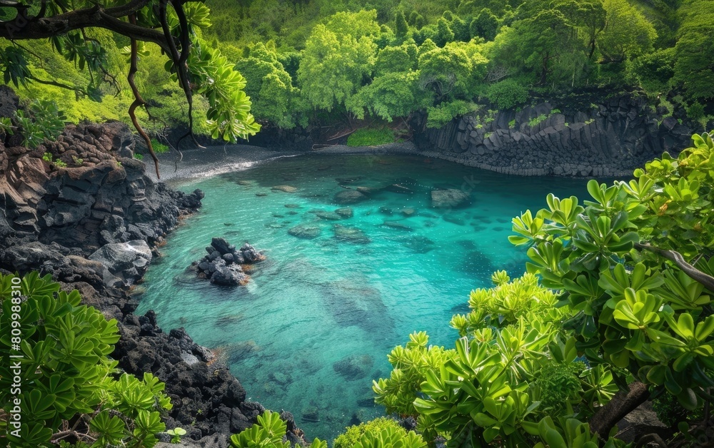 Lush greenery surrounds a serene turquoise bay, dotted with black volcanic rocks.