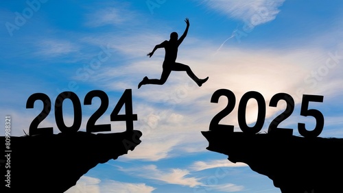 silhouette of a man jumping over the gap between 2024 and 2025, a symbolic image of the transition from one year to the next, overcoming obstacles and looking towards the future
